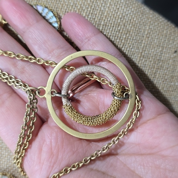 Gold Tone Multi Layered Open Circle Medallions Necklace, Mother of Pearl Discs - Picture 8 of 11